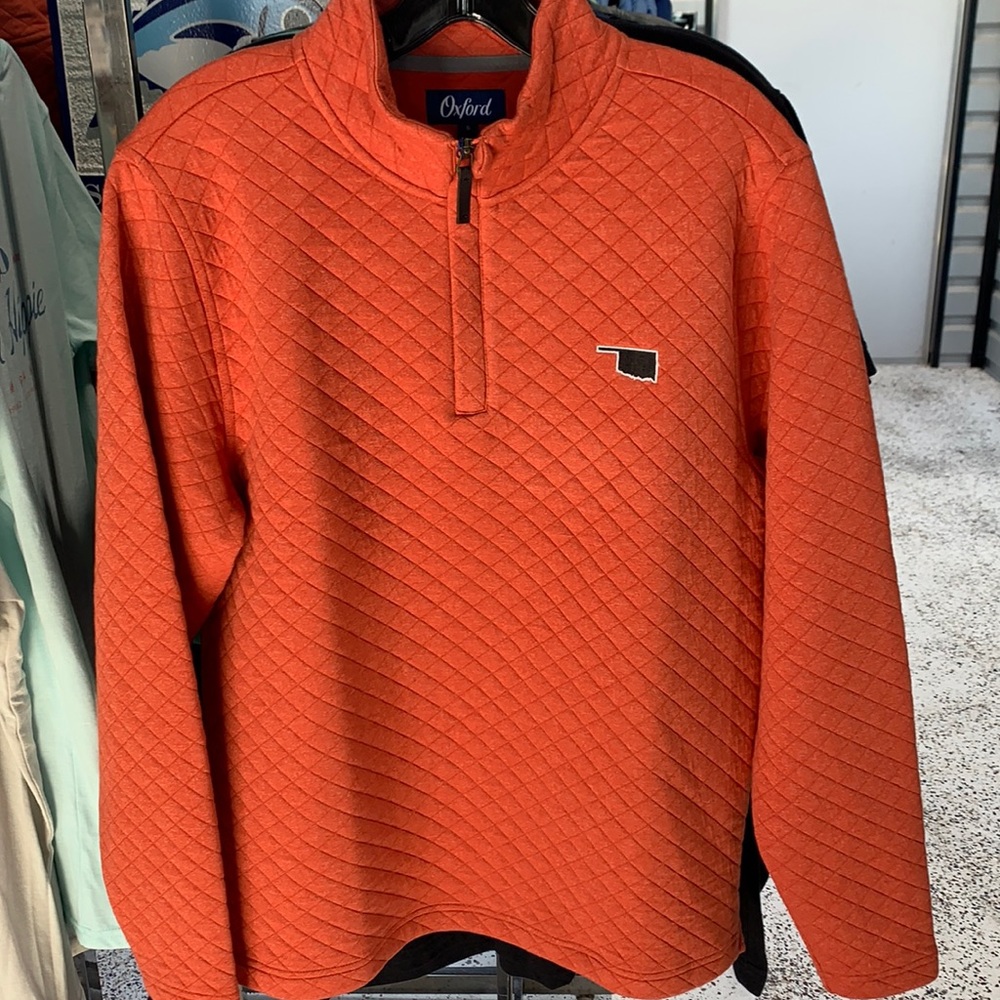 Oxford quilted pullover OSU colors with Oklahoma logo